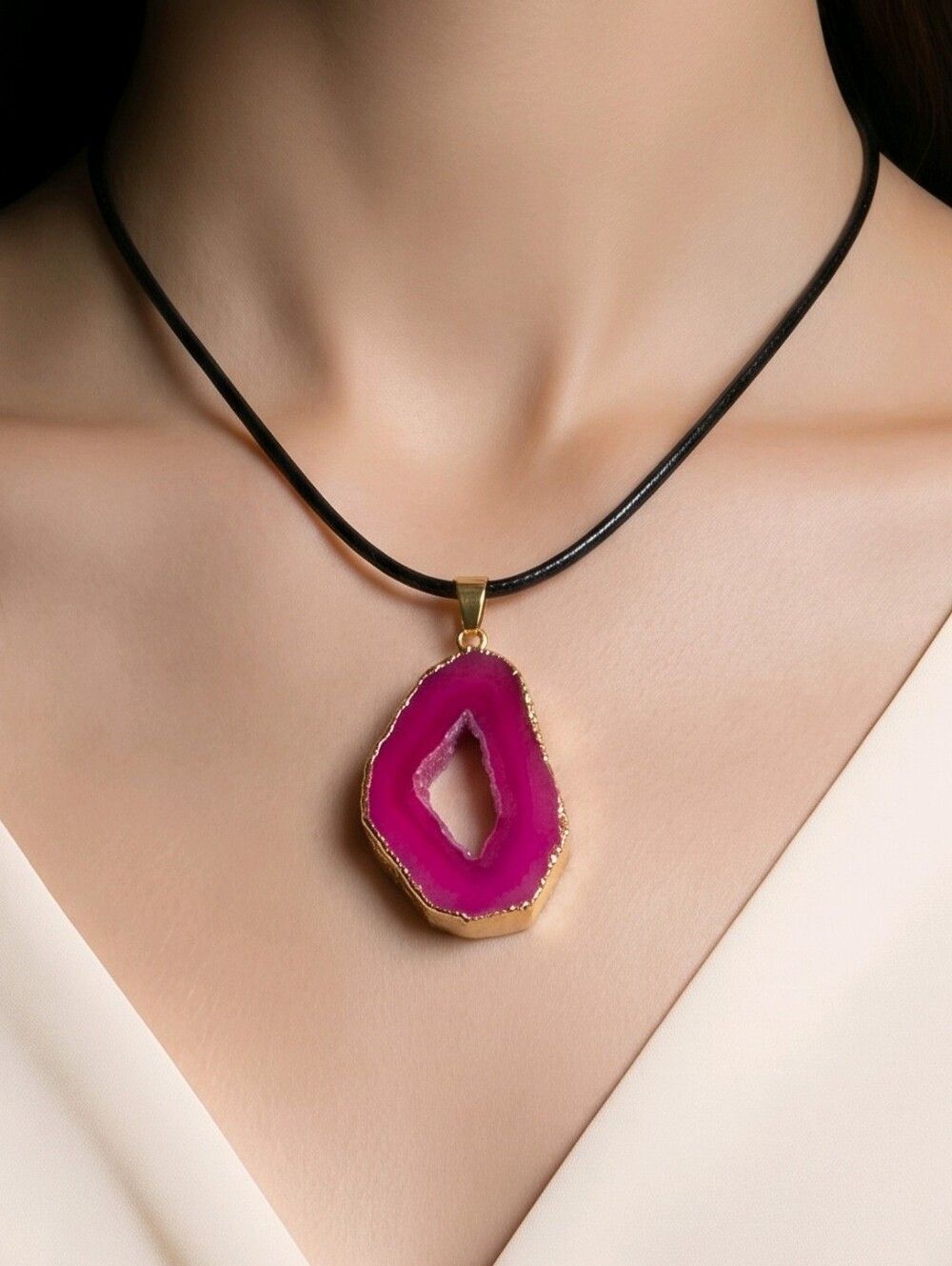 Fuchsia Pink Druzy Agate Teardrop Necklace Geode Slice Gold Edge Pendant Bold